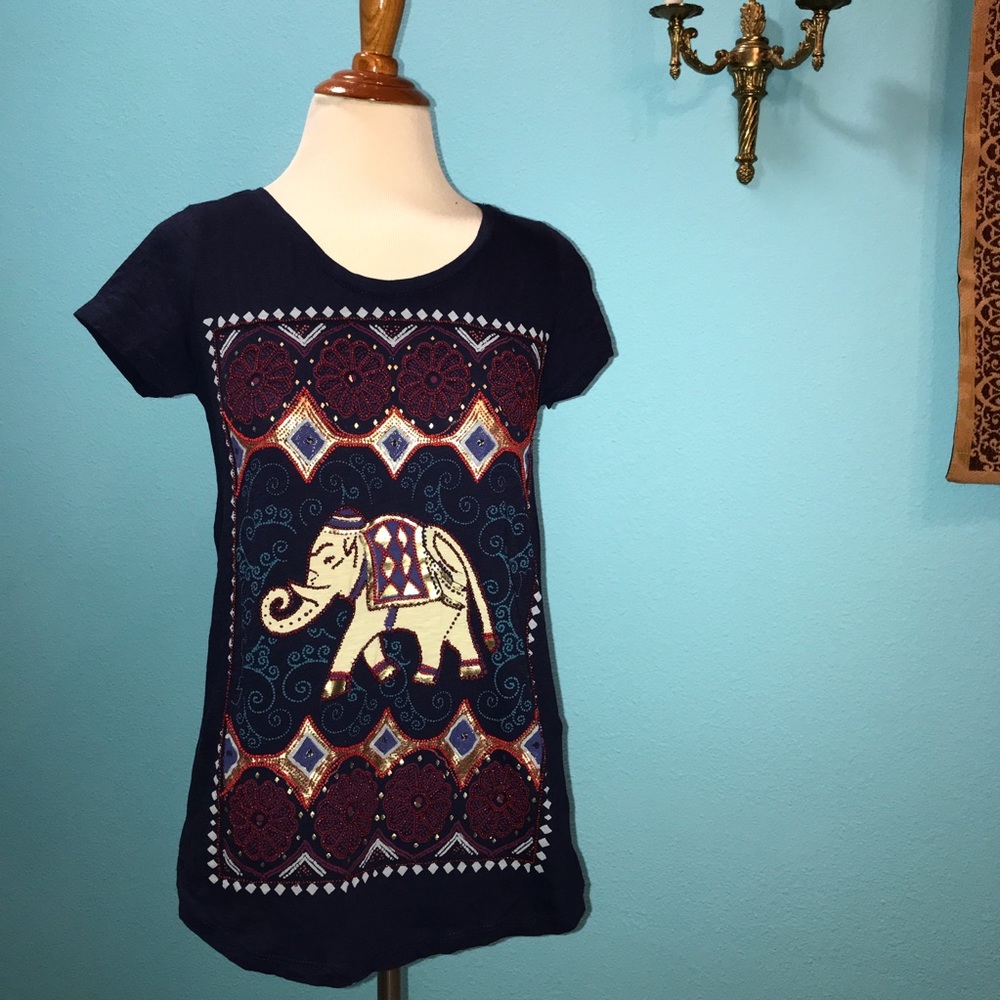 Lucky Brand Navy Blue Beaded Elephant Tee